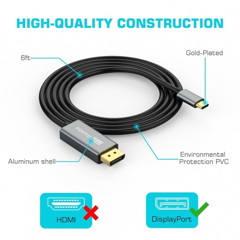 USB C to DisplayPort Cable (4K@60Hz), ITD ITANDA Thunderbolt 3 to DisplayPort Cable for MacBook Pro
